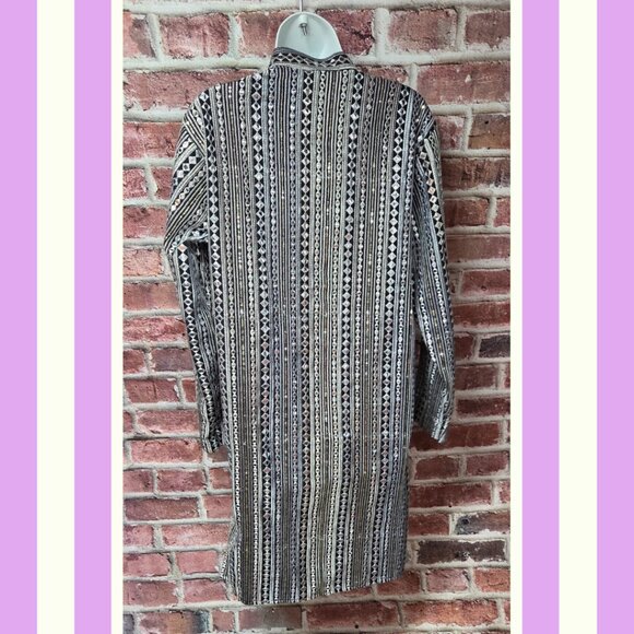 Metallic Kurta M | Silver Black Long Sleeve Festival Boho Ethnic Statement Top - Picture 2 of 9